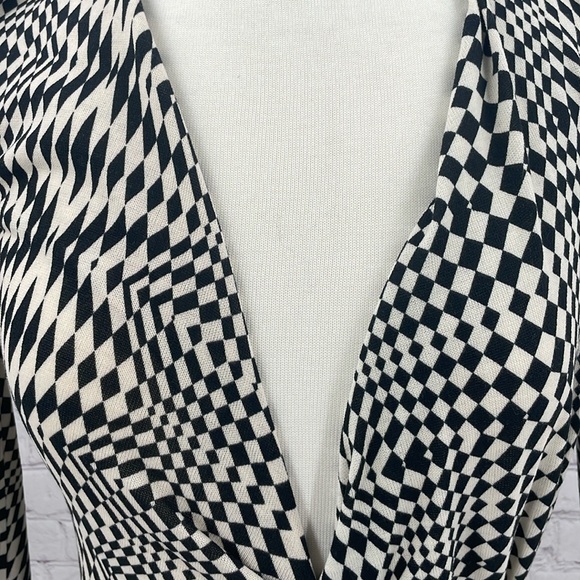 Zara Draped Black White Geometrical Checkered Retro Midi Long Sleeve Dress Small - Picture 9 of 13